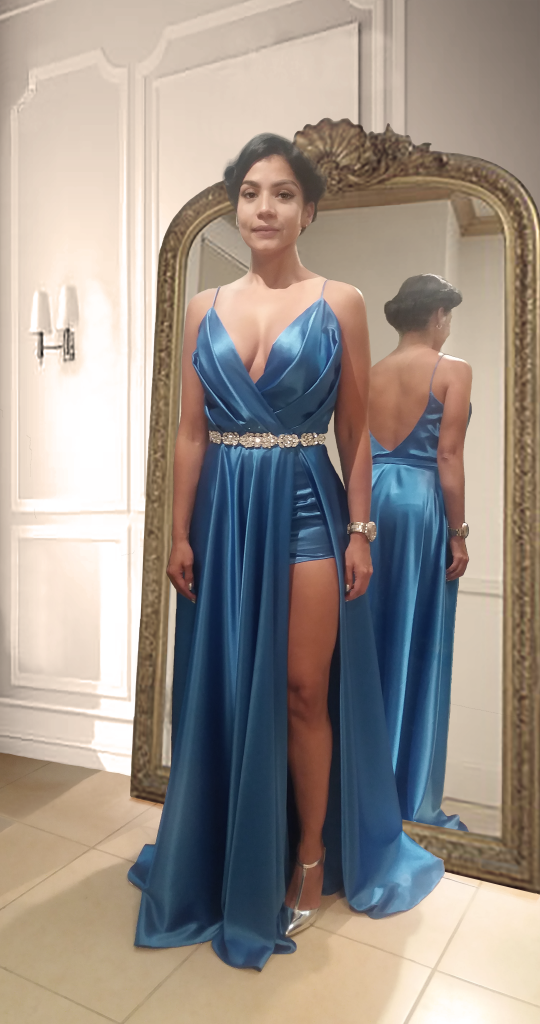 Peak neckline drapped top slit skirt pure blue evening dress